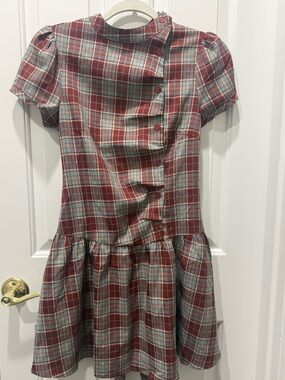 NWT Cider PLAID STAND COLLAR PUFF SLEEVE TIE BACK BUTTON MINI DRESS